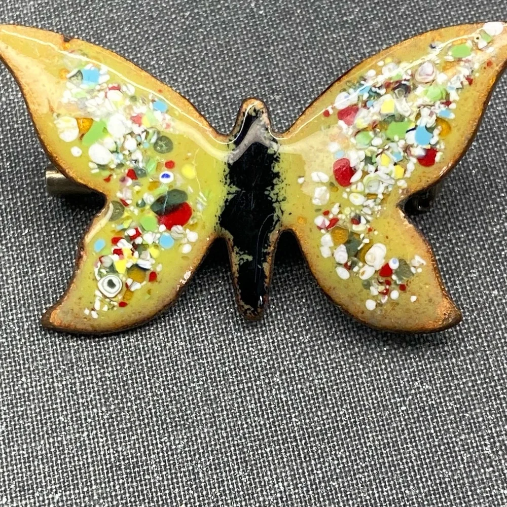 Mid Century Modern Glass Abstract Copper Back Multicolored Brooches Set of 2